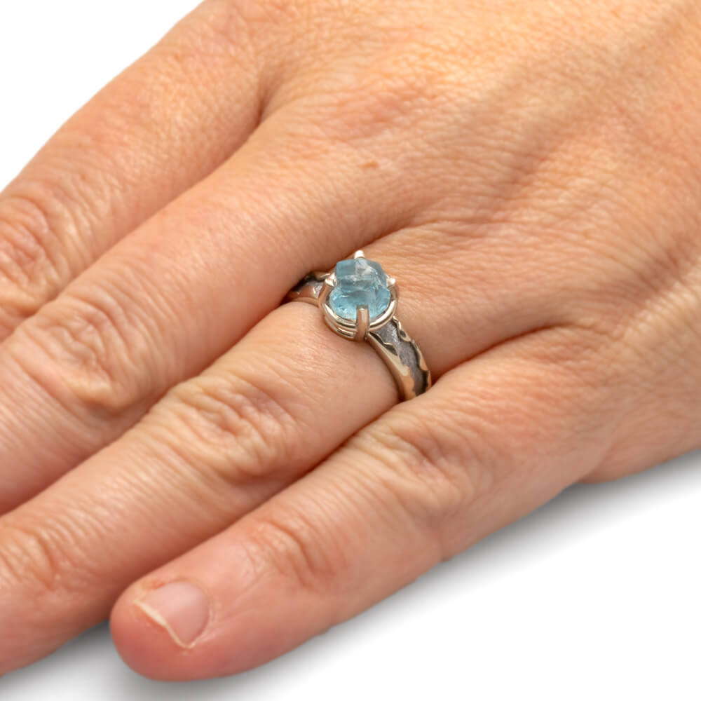 Aquamarine Engagement Ring, Meteorite In Wavy White Gold-3251 - Jewelry by Johan