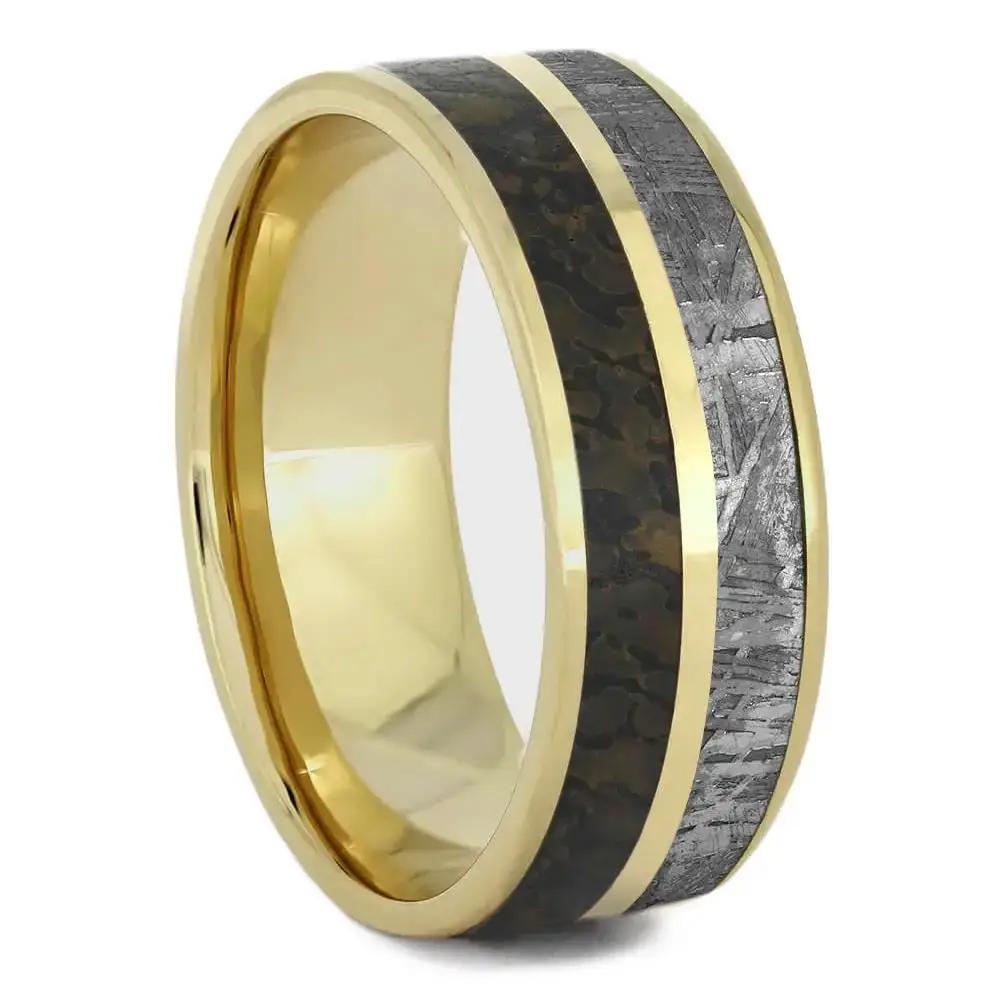 Solid Gold Dinosaur Bone & Meteorite Men's Wedding Band