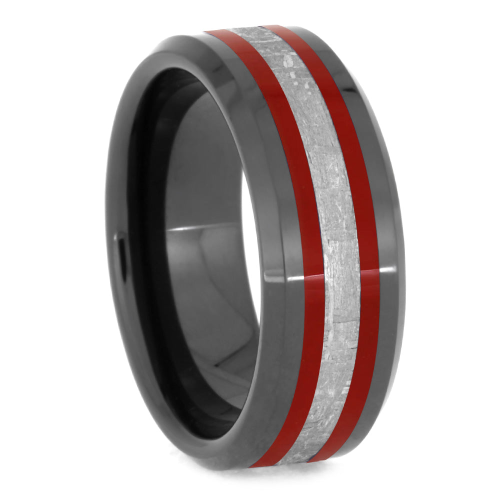 Meteorite and Red Enamel Ring for Men