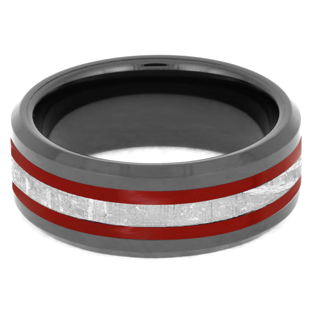 Black Ring with Red Stripes and Meteorite-2630RD - Jewelry by Johan