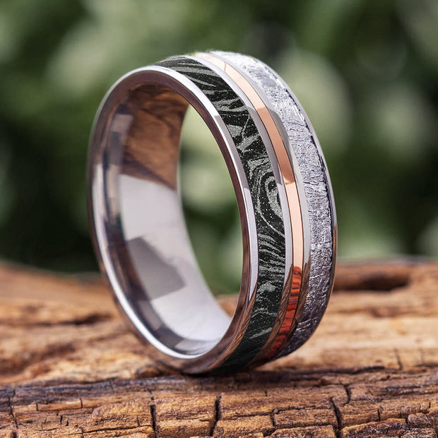 Unique Meteorite Ring with Gold Pinstripe