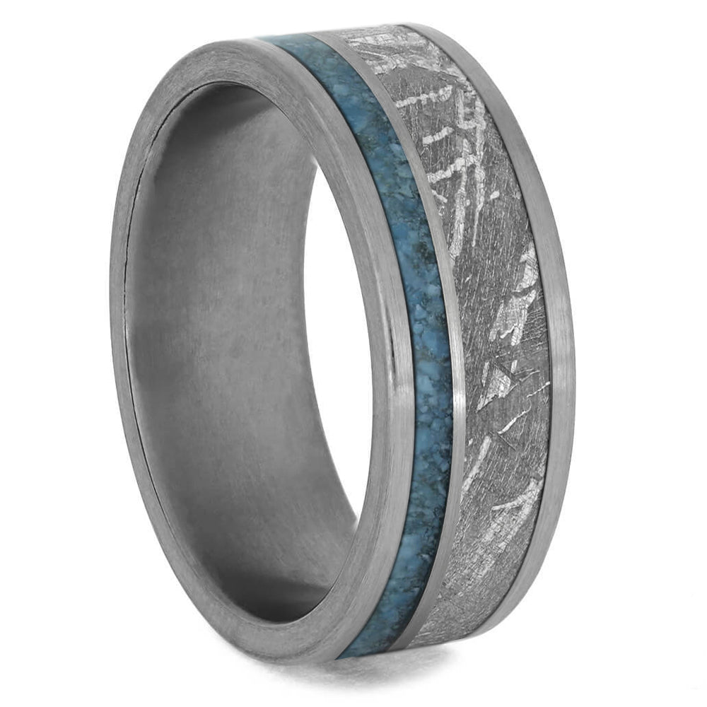 Meteorite Men's Wedding Band with Turquoise in Brushed Titanium - Jewelry by Johan