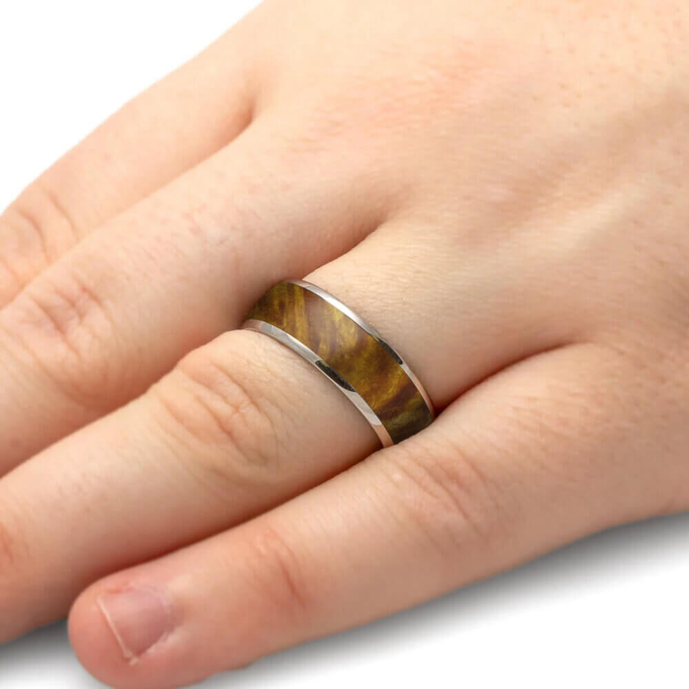 Wood Ring in Titanium, Gold Box Elder Burl, Wood Wedding Band-3298 - Jewelry by Johan