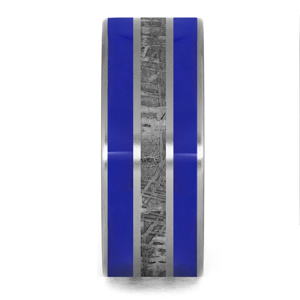 Meteorite Ring with Blue Stripes, Blue Enamel in Titanium Ring-3304 - Jewelry by Johan