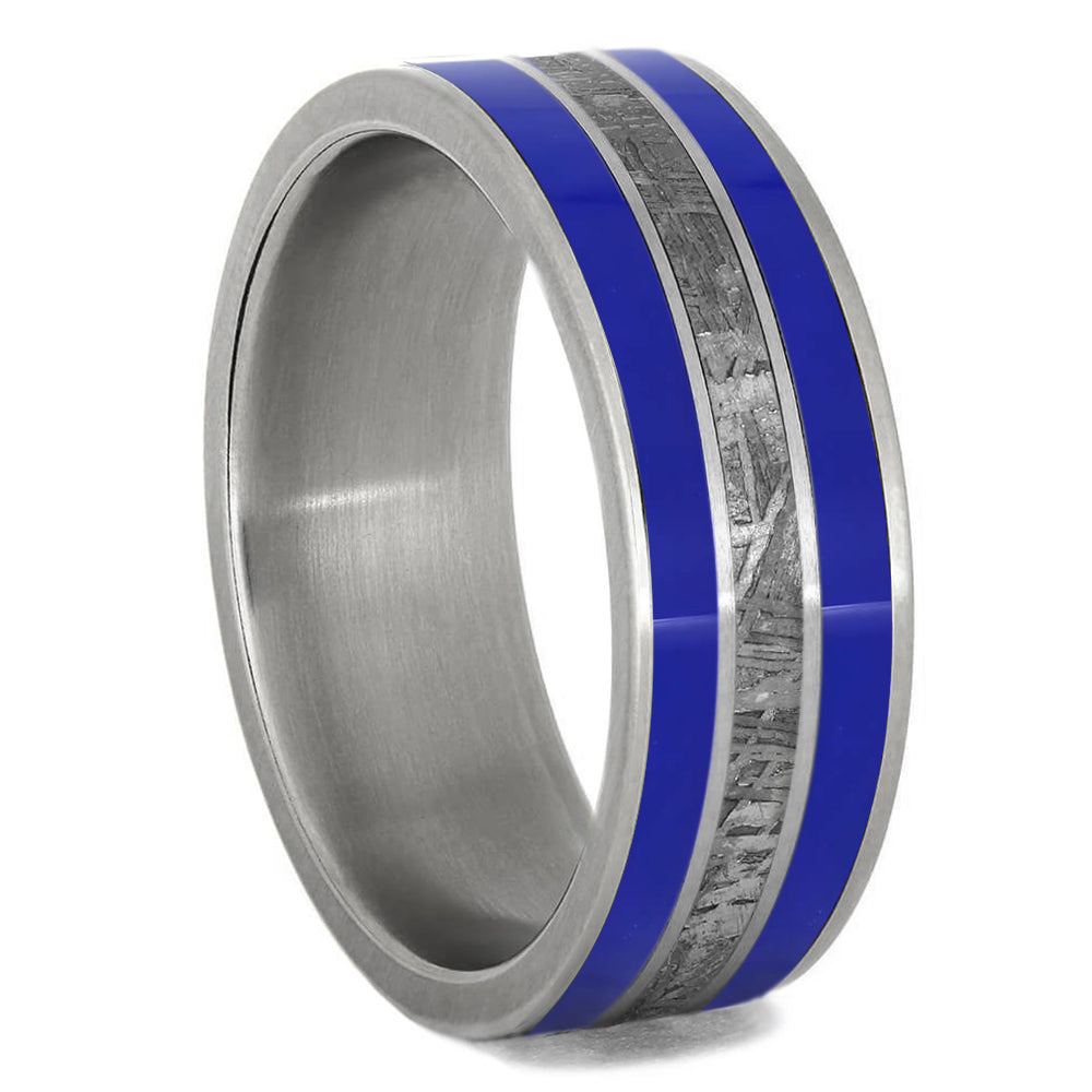 Meteorite Ring with Blue Stripes, Blue Enamel in Titanium Ring-3304 - Jewelry by Johan