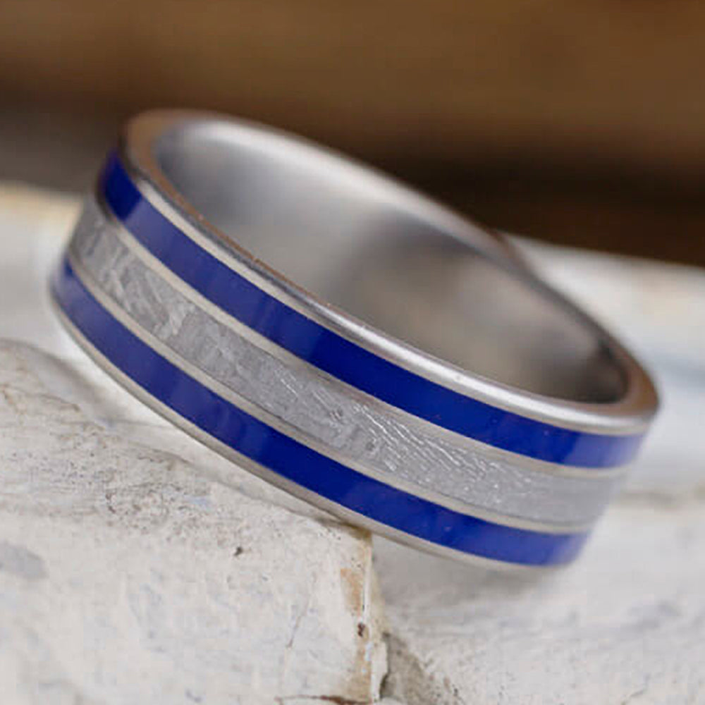 Meteorite Ring with Blue Stripes, Blue Enamel in Titanium Ring-3304 - Jewelry by Johan