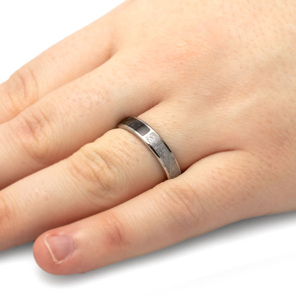 Dinosaur Bone Ring With Meteorite, Two Partial Inlays, Titanium Band-3340 - Jewelry by Johan