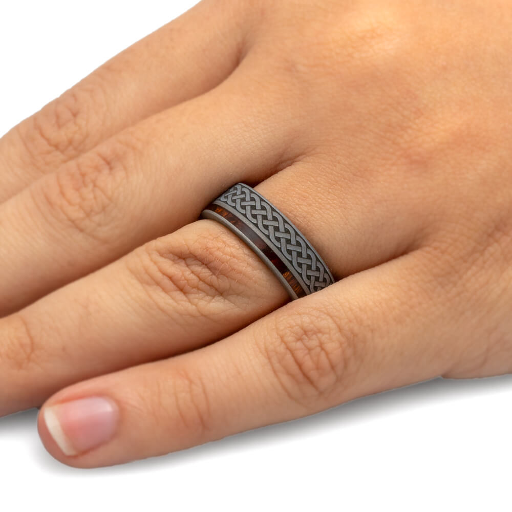 Celtic Knot Ring, Mens Wood Wedding Band With Engraving, Titanium Ring-3348 - Jewelry by Johan