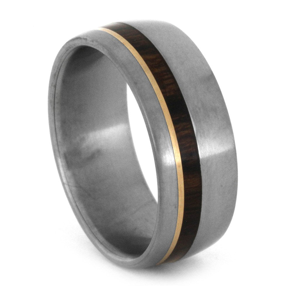 Matte Titanium Ring With Wood And Rose Gold Pinstripes, Size 7.5-RS8604 - Jewelry by Johan