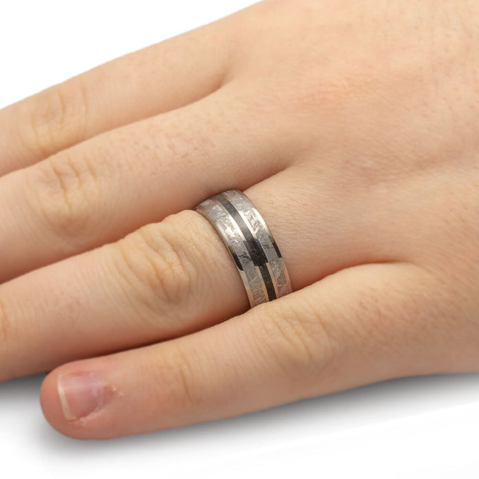 Meteorite Wedding Band With Crushed Onyx, Mens Titanium Ring-3359 - Jewelry by Johan