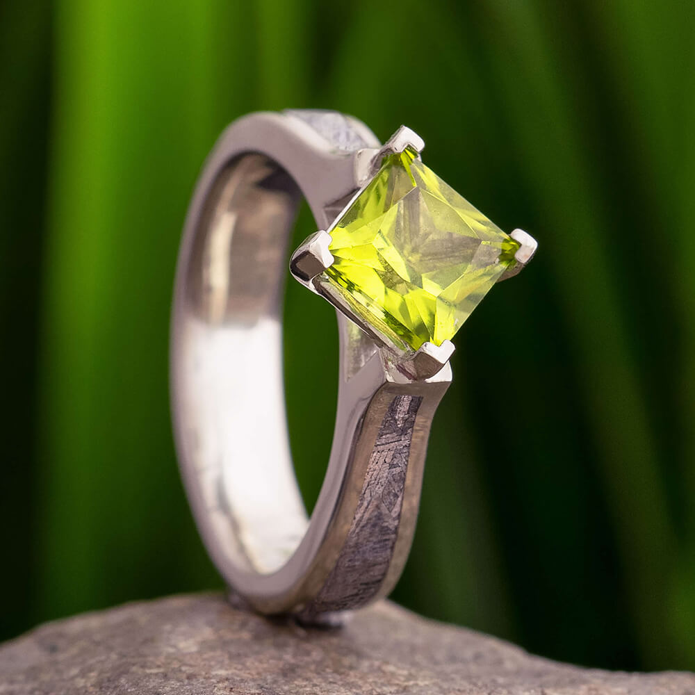 Princess Cut Peridot & Meteorite Engagement Ring - Jewelry by Johan