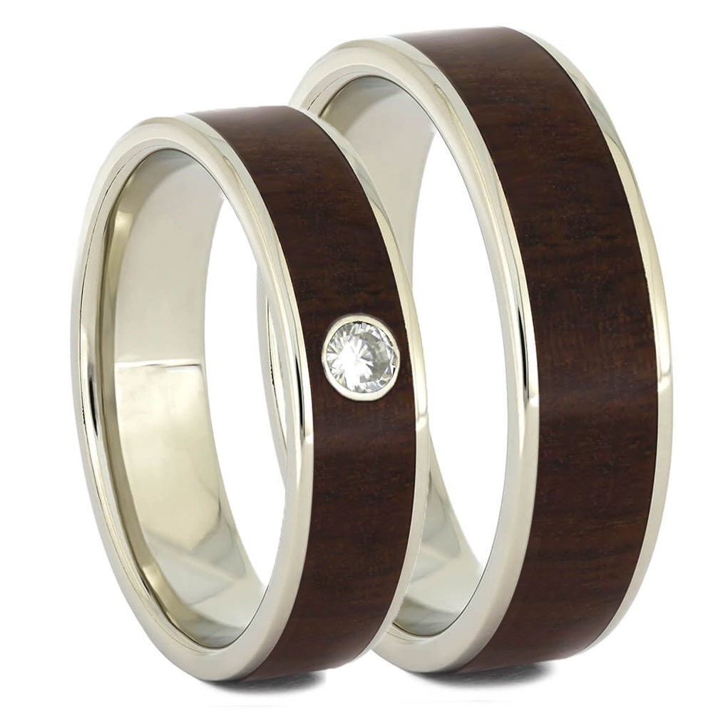 Matching Wood Wedding Band Set, Solid Gold Ring Set