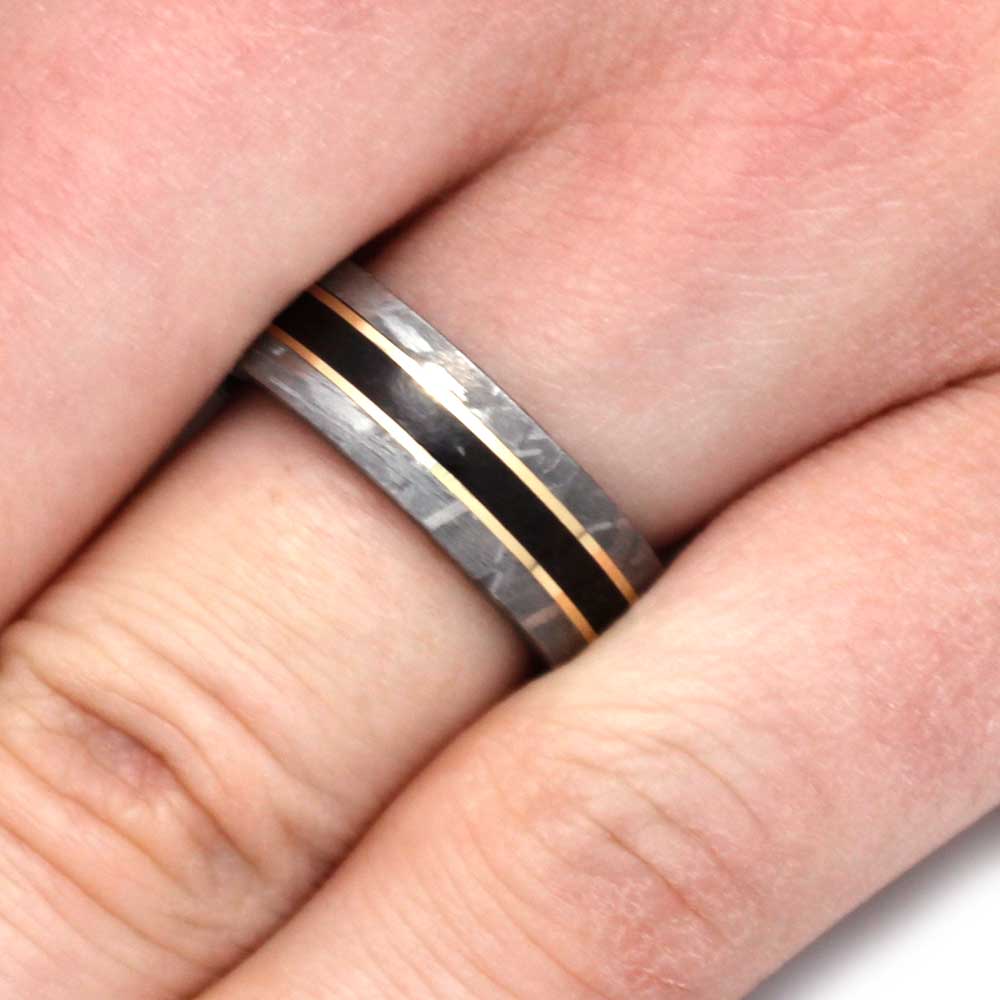 Meteorite and Dino Bone Ring with Yellow Gold Pinstripes-3187YG - Jewelry by Johan