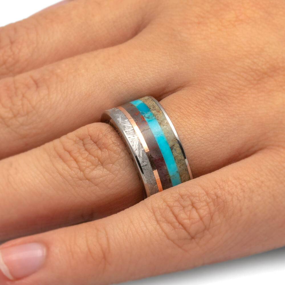Unique Men's Ring with Meteorite, Dinosaur Bone, Turquoise and Petrified Wood-3400 - Jewelry by Johan