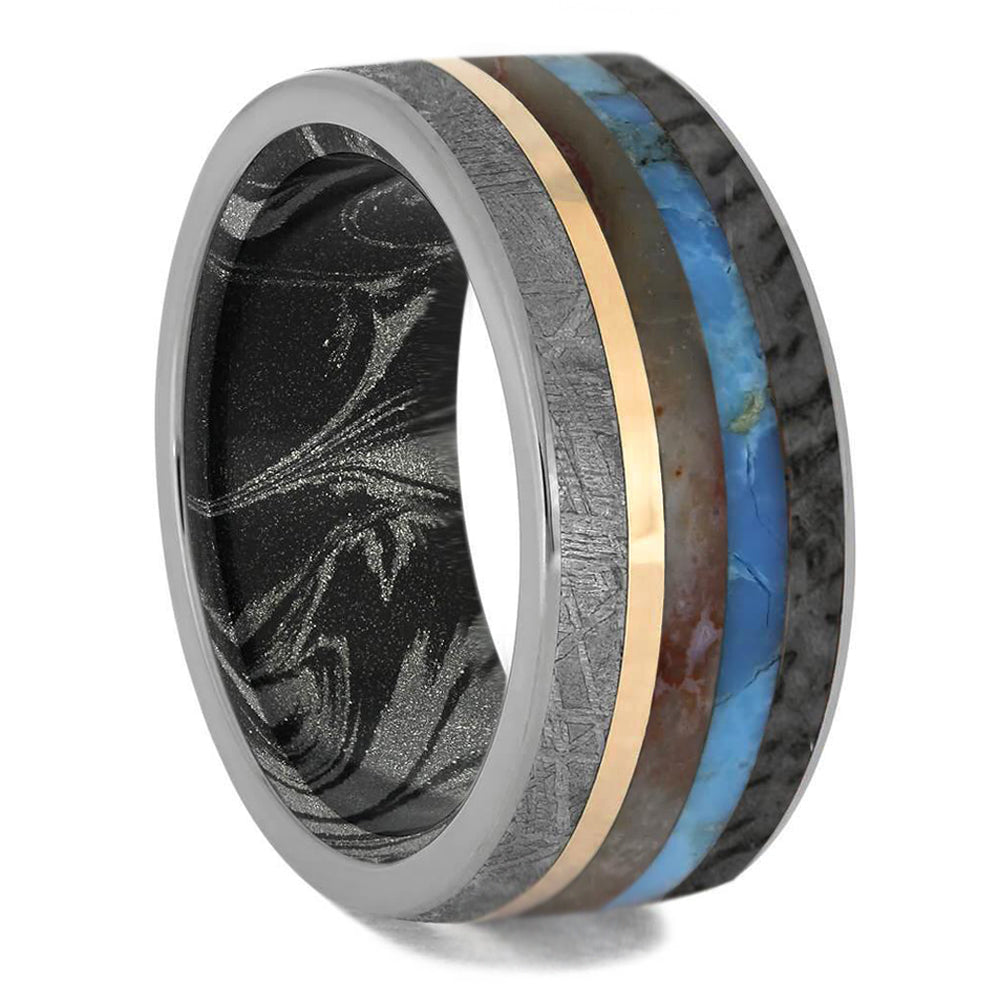 Unique Men's Ring with Meteorite, Dinosaur Bone, Turquoise & Petrified Wood - Jewelry by Johan