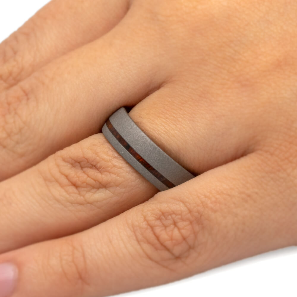 Sandblasted Titanium Ring With Ironwood Sleeve and Pinstripe-3408 - Jewelry by Johan