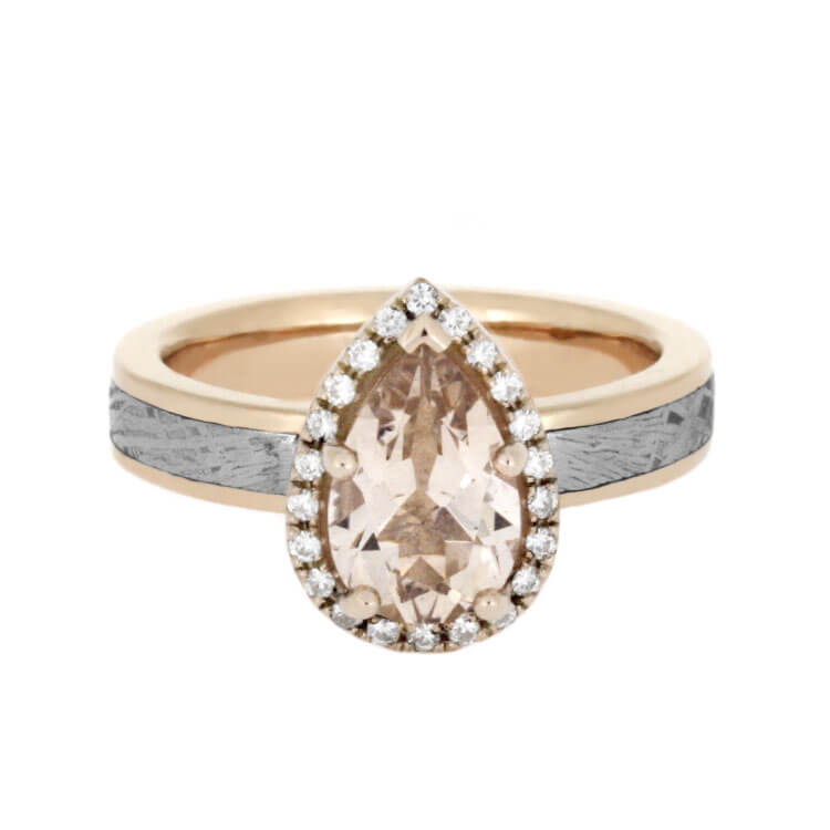 Morganite Engagement Ring In Rose Gold With Meteorite, Moissanite Halo Ring-3361 - Jewelry by Johan