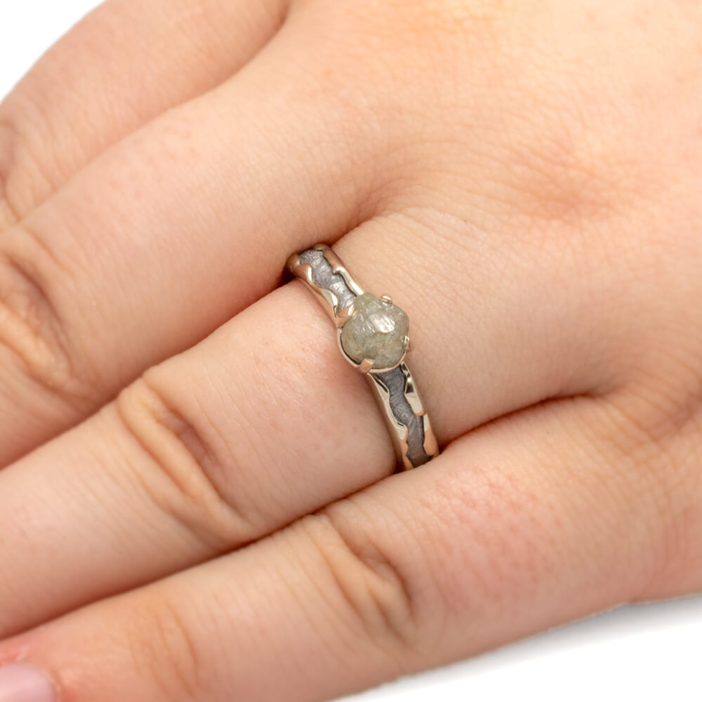 Rough Diamond Engagement Ring, Meteorite Ring In Wavy White Gold Design-3427 - Jewelry by Johan