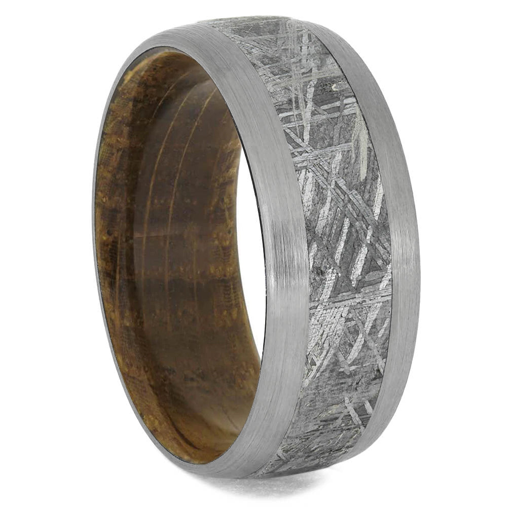 Meteorite Men's Wedding Band With Whiskey Barrel Wood Sleeve