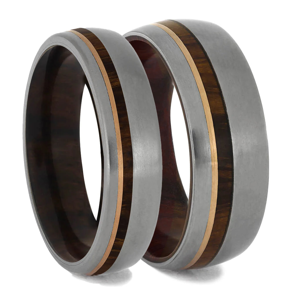 Matching Wood Wedding Band Set, Titanium Rings With Gold Pinstripes