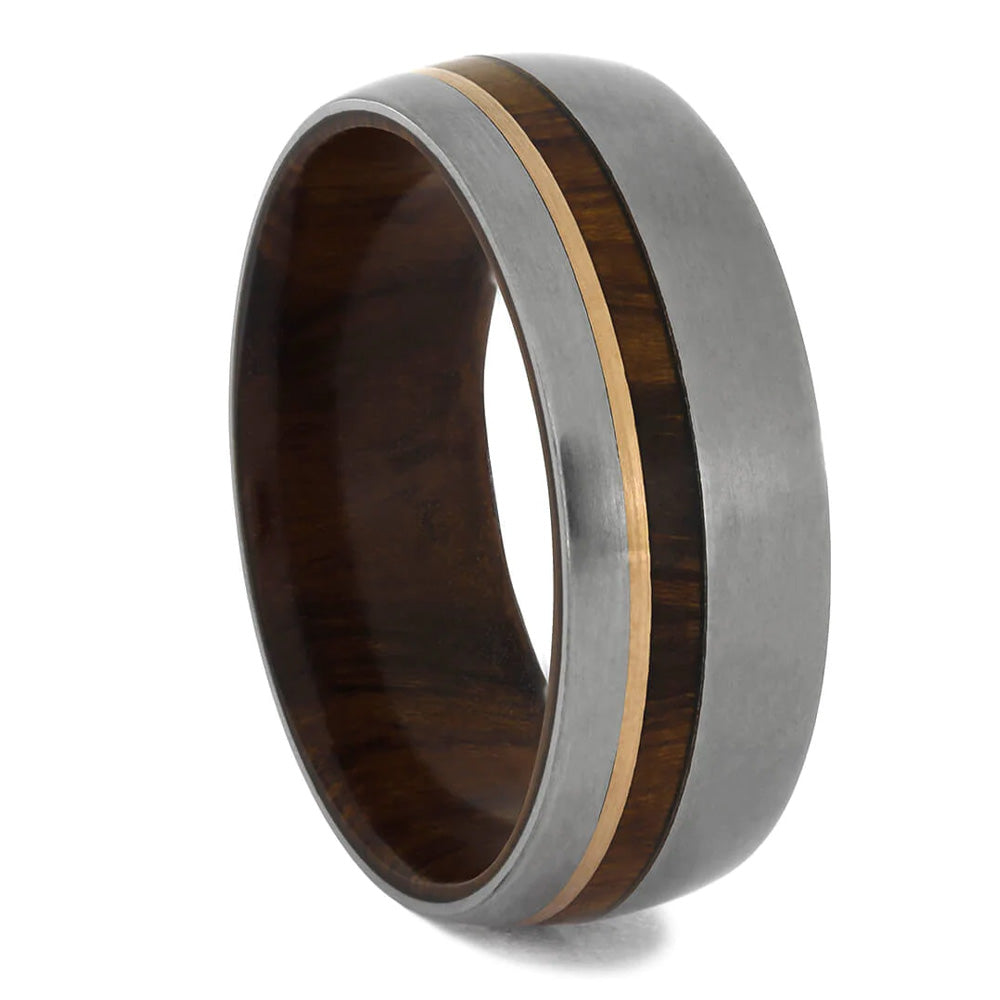 Matching Wood Wedding Band Set, Titanium Rings With Gold Pinstripes