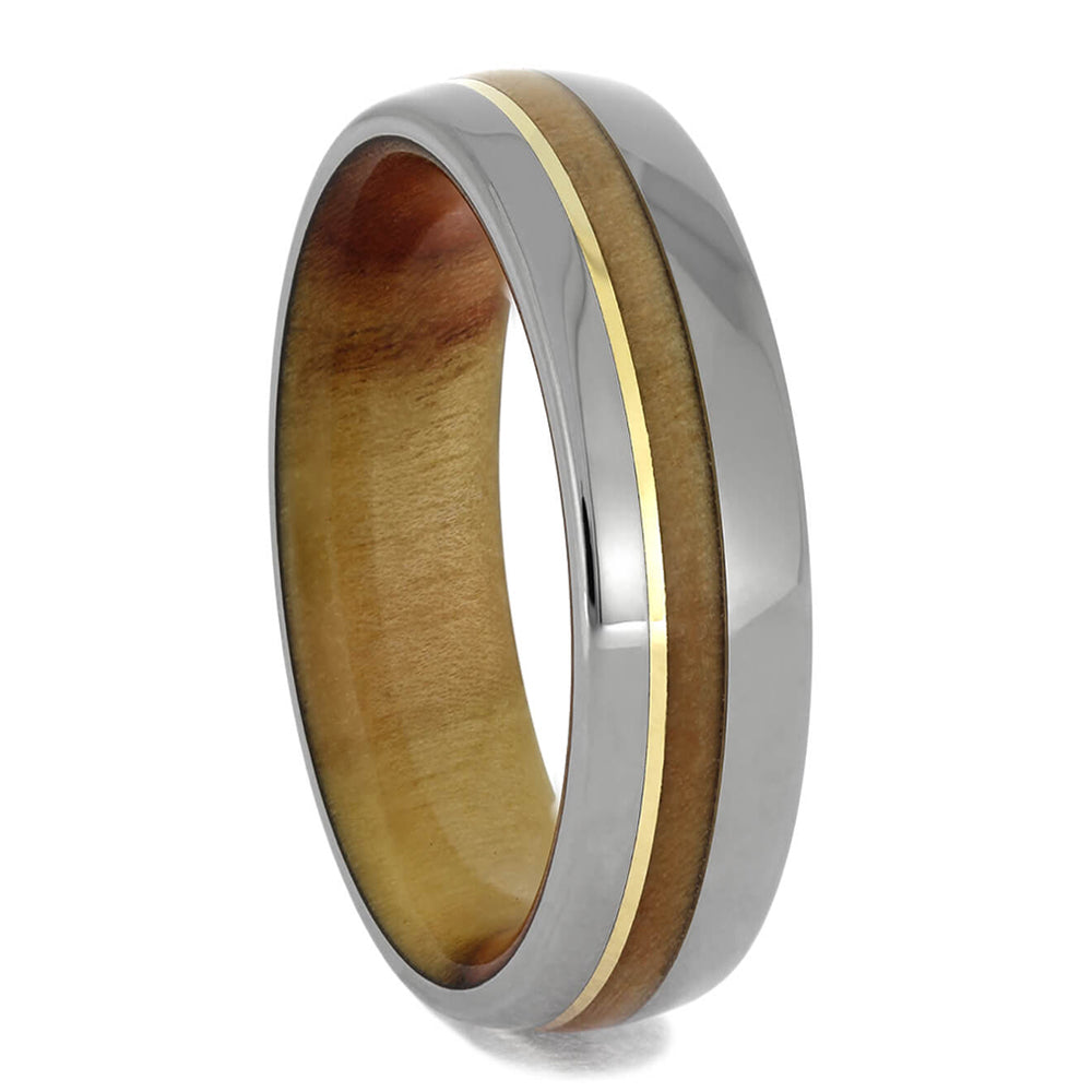 Titanium & Wood Wedding Band With Gold Pinstripe, 5mm Band - Jewelry by Johan