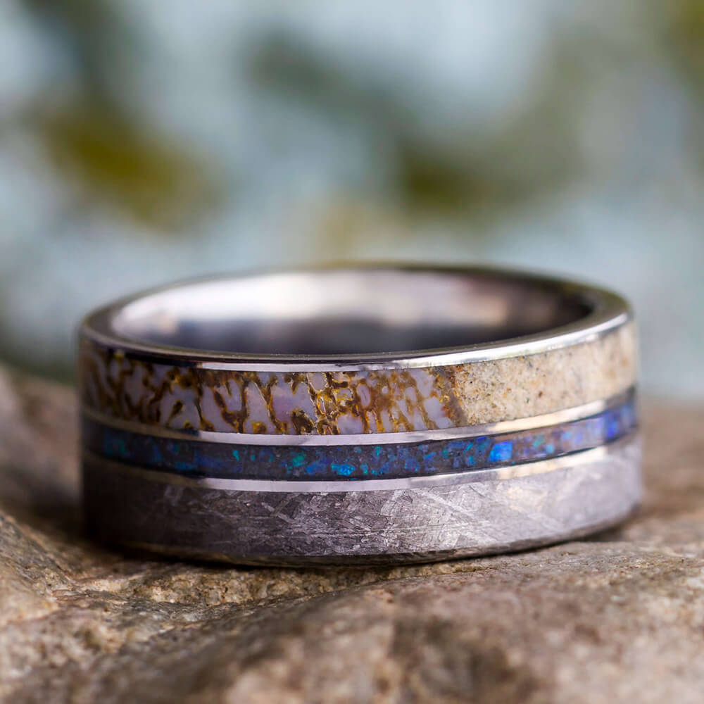Opal Wedding Band, Meteorite And Dinosaur Bone Ring-3477 - Jewelry by Johan