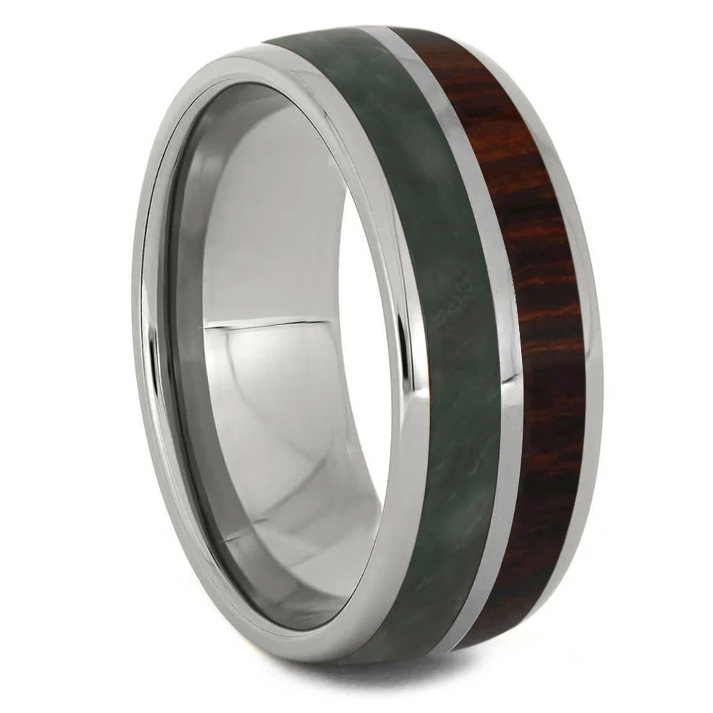 Jade Wedding Band With Natural Redwood, Titanium Ring With Pinstripe - Jewelry by Johan