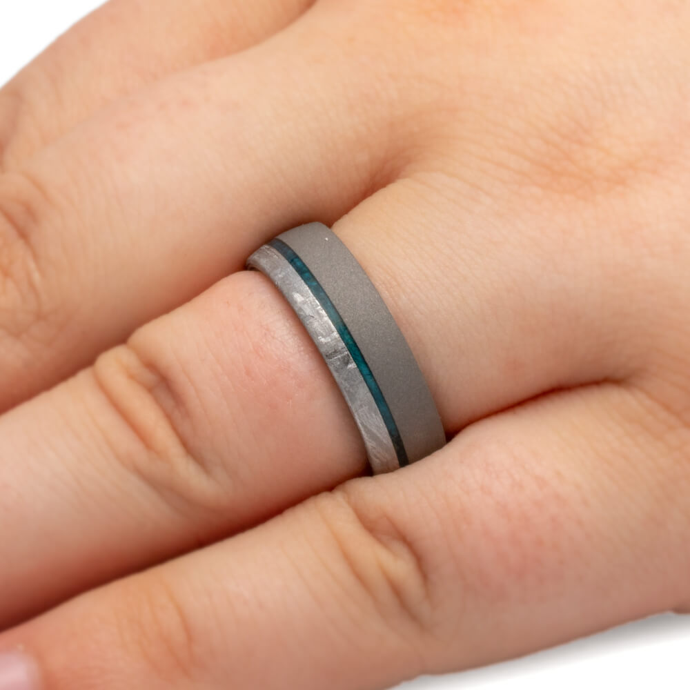 Meteorite Men's Wedding Band, Wooden Ring With Sandblasted Titanium-3496 - Jewelry by Johan