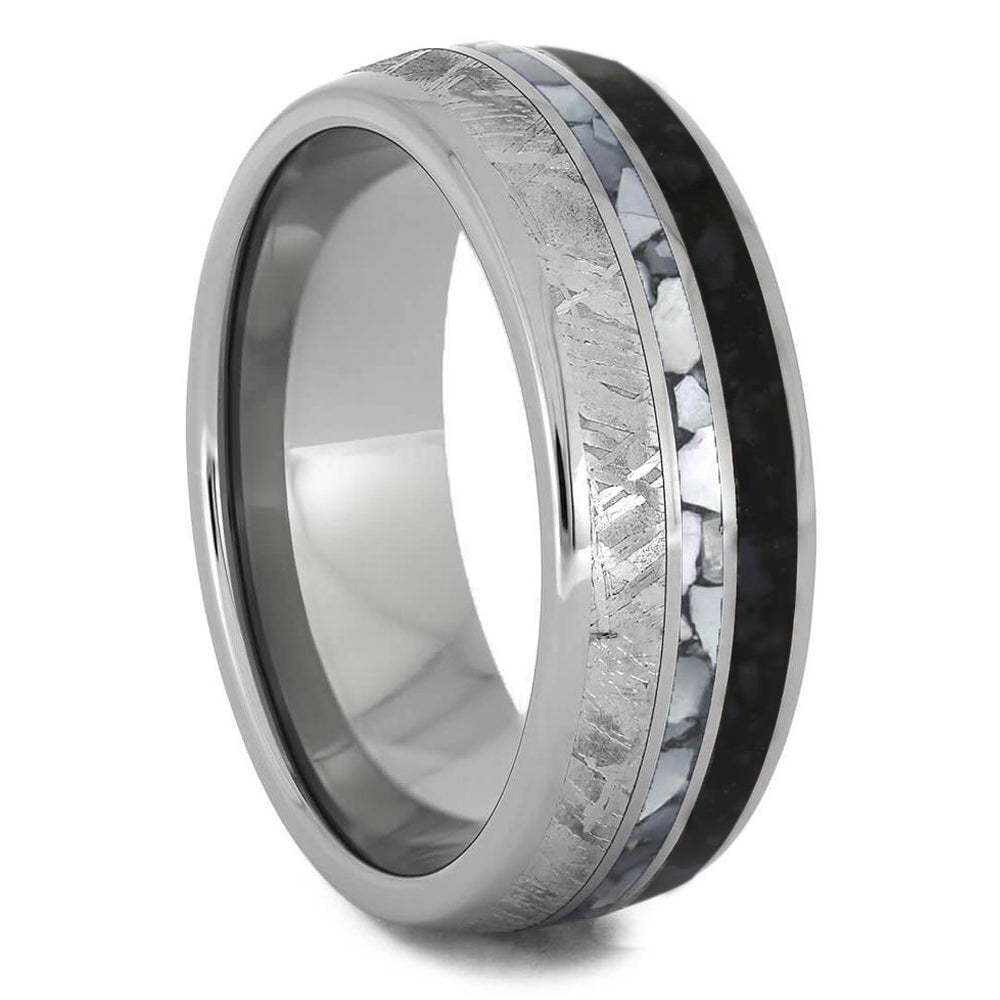 Mother of Pearl Wedding Band, Men's Meteorite Ring With Dinosaur Bone-3497 - Jewelry by Johan