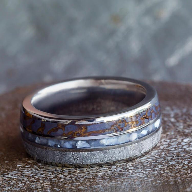 Mother of Pearl Wedding Band, Men's Meteorite Ring With Dinosaur Bone-3497 - Jewelry by Johan