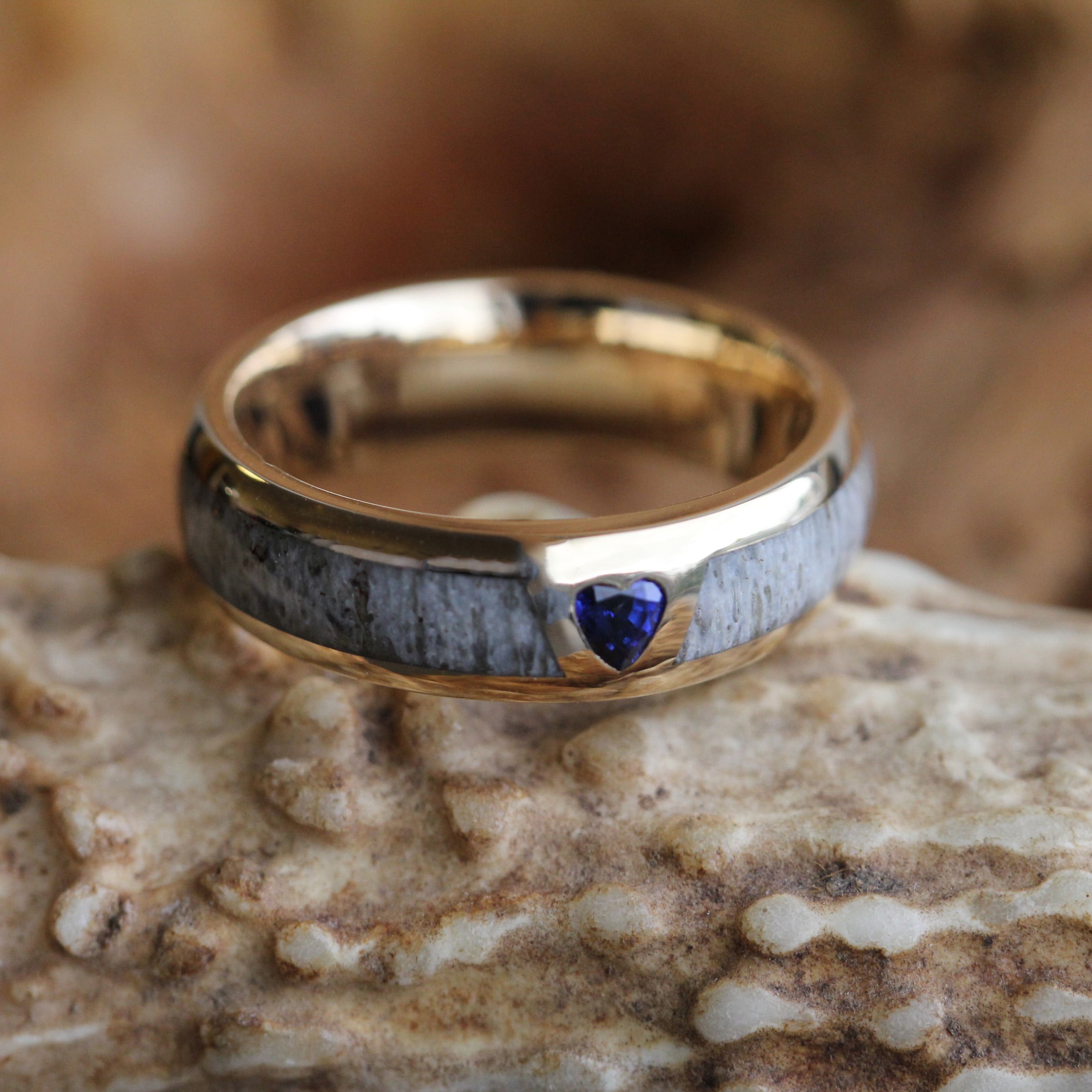 Yellow Gold Antler Wedding Band with Heart Shaped Sapphire-2954 - Jewelry by Johan