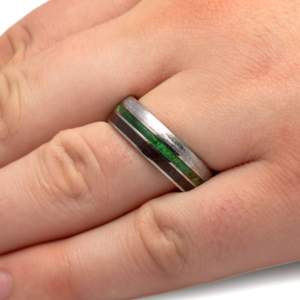 Titanium Meteorite Wedding Band With Dinosaur Bone And Green Box Elder Burl-3500 - Jewelry by Johan