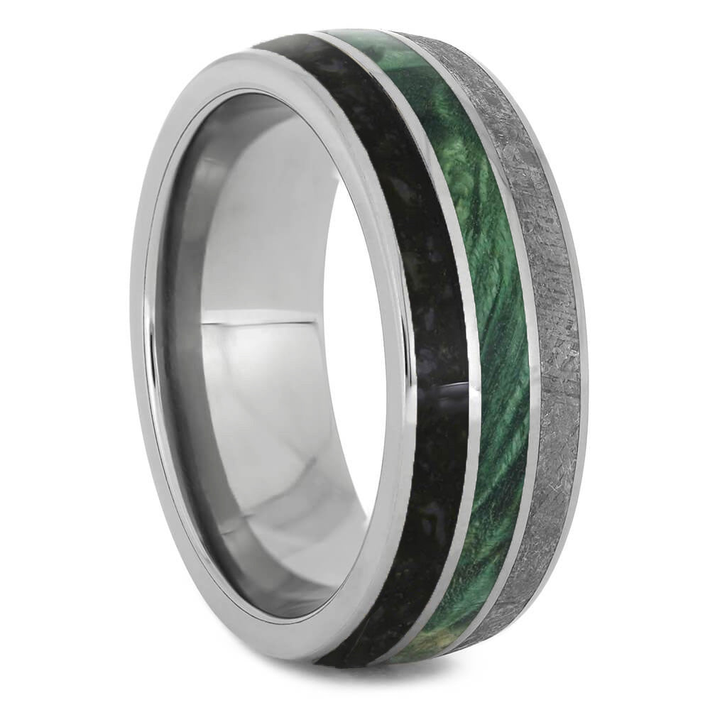 Meteorite, Green Wood & Dinosaur Bone Wedding Band - Jewelry by Johan