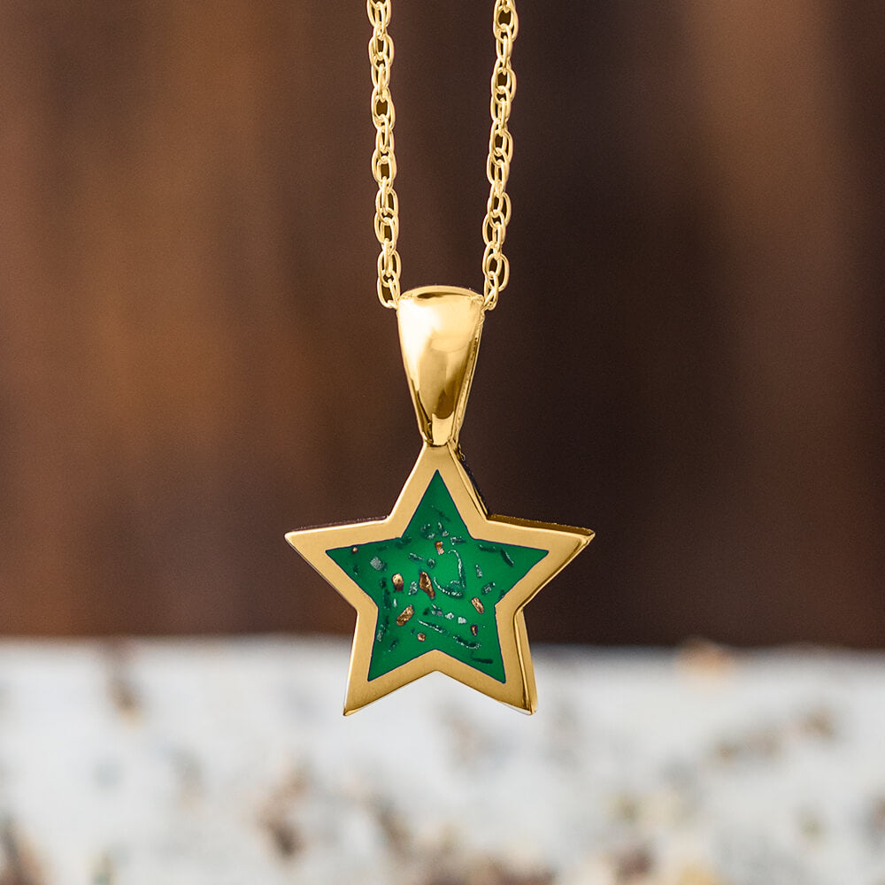 Yellow Gold Star Pendant Necklace With Green Stardust™-2583-GR - Jewelry by Johan