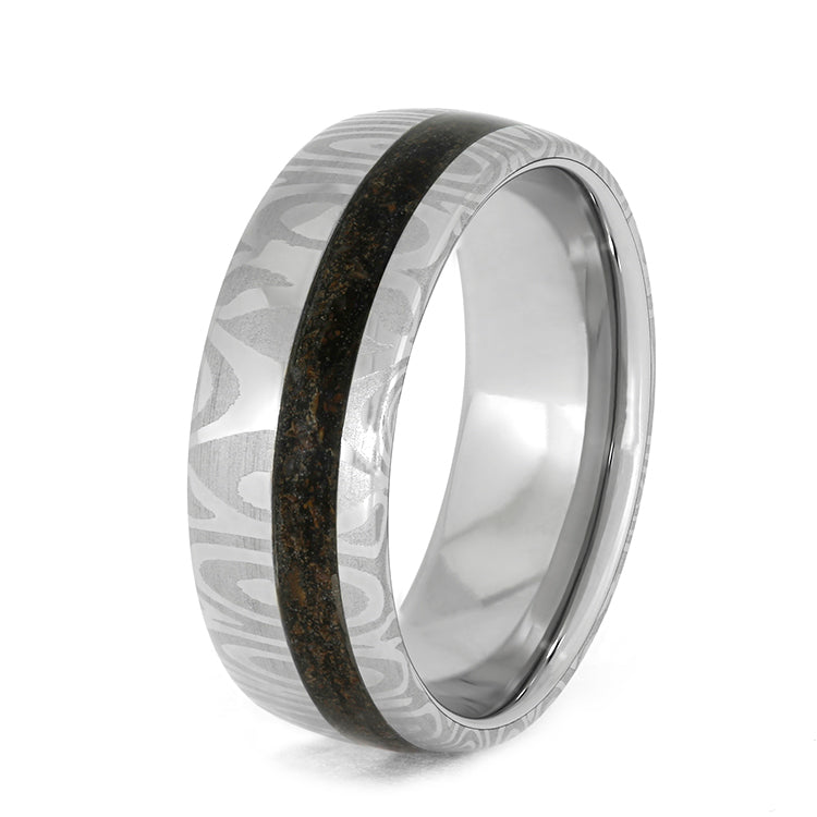 Damascus Steel Men's Wedding Band With Crushed Dinosaur Bone-3935 - Jewelry by Johan