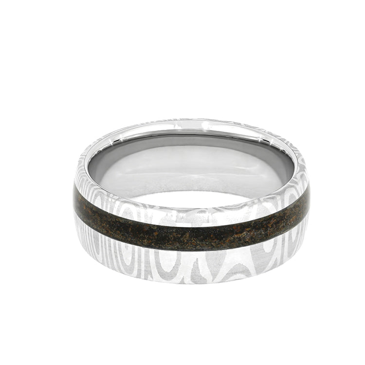 Damascus Steel Men's Wedding Band With Crushed Dinosaur Bone-3935 - Jewelry by Johan