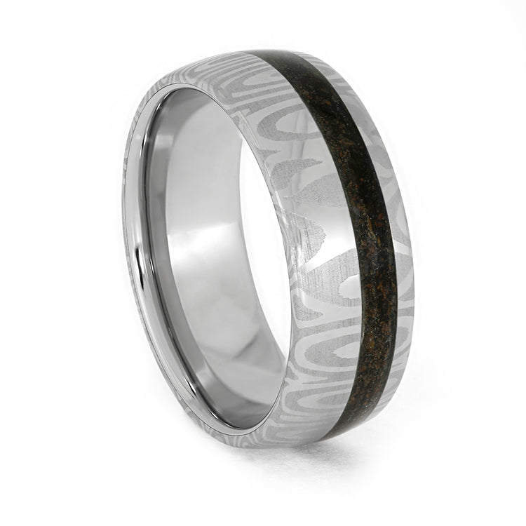 Damascus Steel Men's Wedding Band With Crushed Dinosaur Bone-3935 - Jewelry by Johan