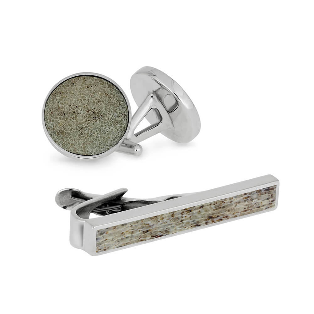 Big Buck Gift Set - Deer Antler Sterling Silver Tie Clip and Cuff Links-3538 - Jewelry by Johan