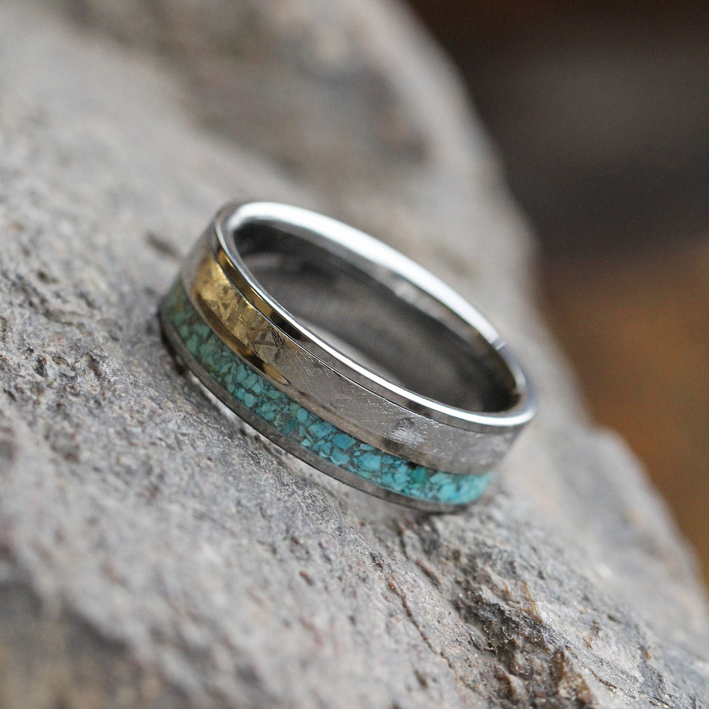 Crushed Turquoise Men's Wedding Band With Gibeon Meteorite-3550 - Jewelry by Johan