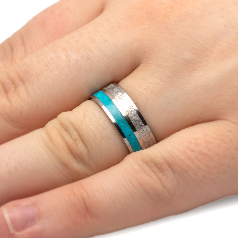 Crushed Turquoise Men's Wedding Band With Gibeon Meteorite-3550 - Jewelry by Johan