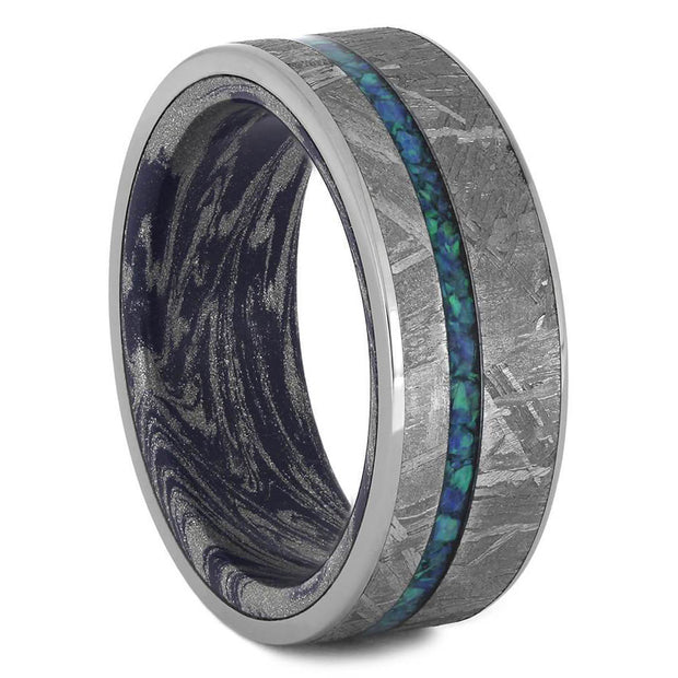 Crushed Opal Men's Wedding Band, Meteorite Ring With Mokume Sleeve-3558 - Jewelry by Johan