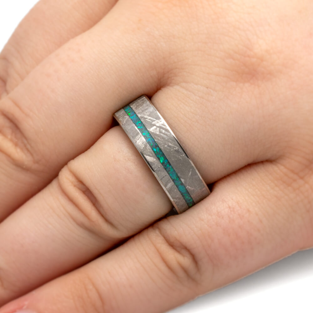 Crushed Opal Men's Wedding Band, Meteorite Ring With Mokume Sleeve-3558 - Jewelry by Johan