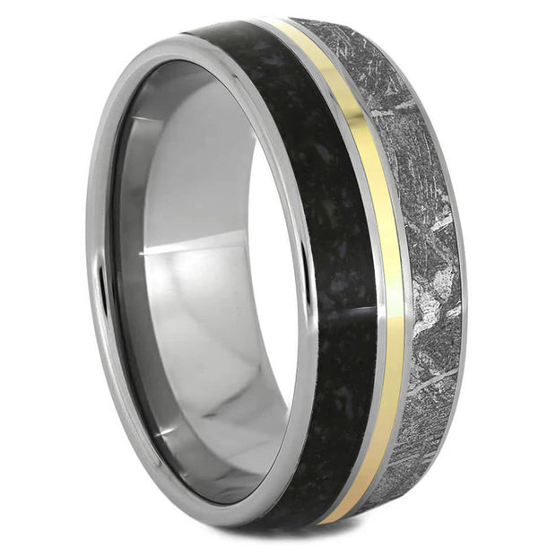 9mm Dinosaur Bone & Meteorite Ring With Gold Pinstripe - Jewelry by Johan