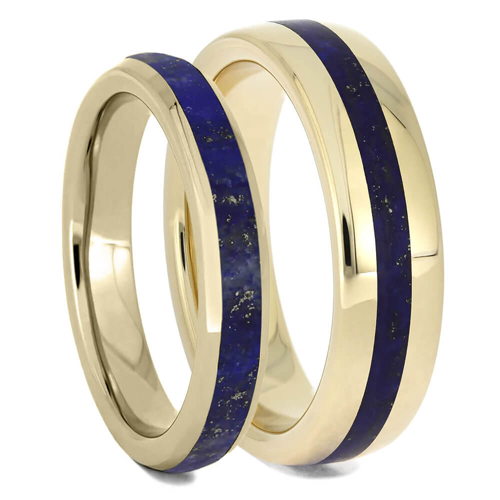 Lapis Lazuli Wedding Band Set, 14k Yellow Gold Matching Rings - Jewelry by Johan