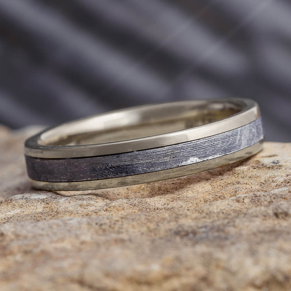 Thin White Gold Wedding Band With Meteorite