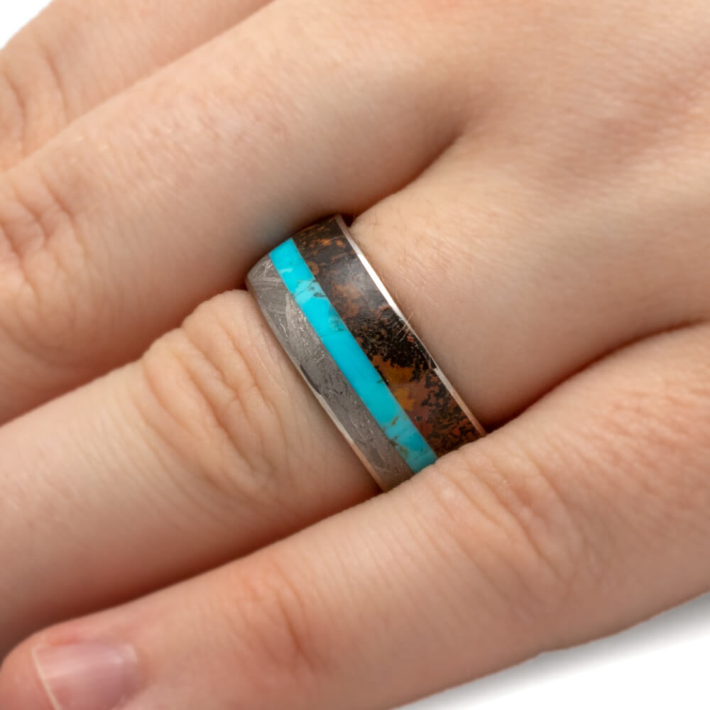 Turquoise Ring With Meteorite And Dino Bone Inlays-3579 - Jewelry by Johan
