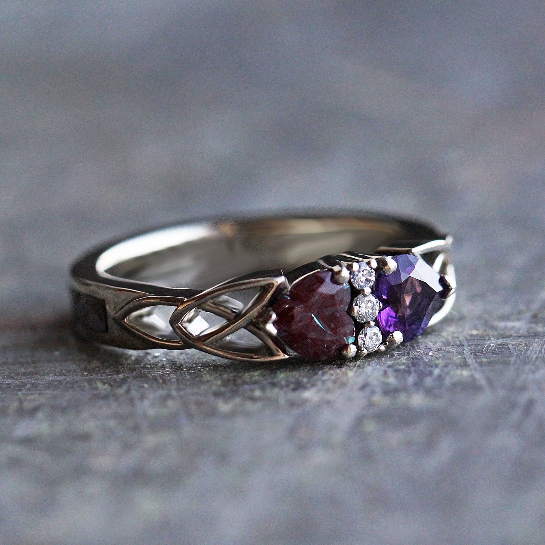 Double Heart Gemstone Engagement Ring With Partial Meteorite Band, White Gold-3580 - Jewelry by Johan