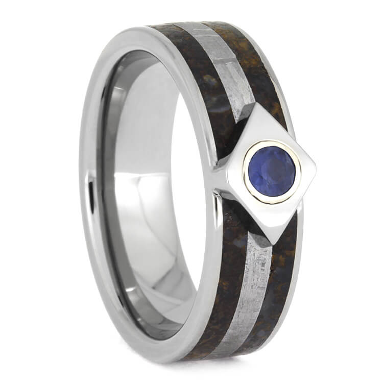 Meteor Engagement Ring With Sapphire, Titanium Ring Inlaid With Dinosaur Bone-2550 - Jewelry by Johan