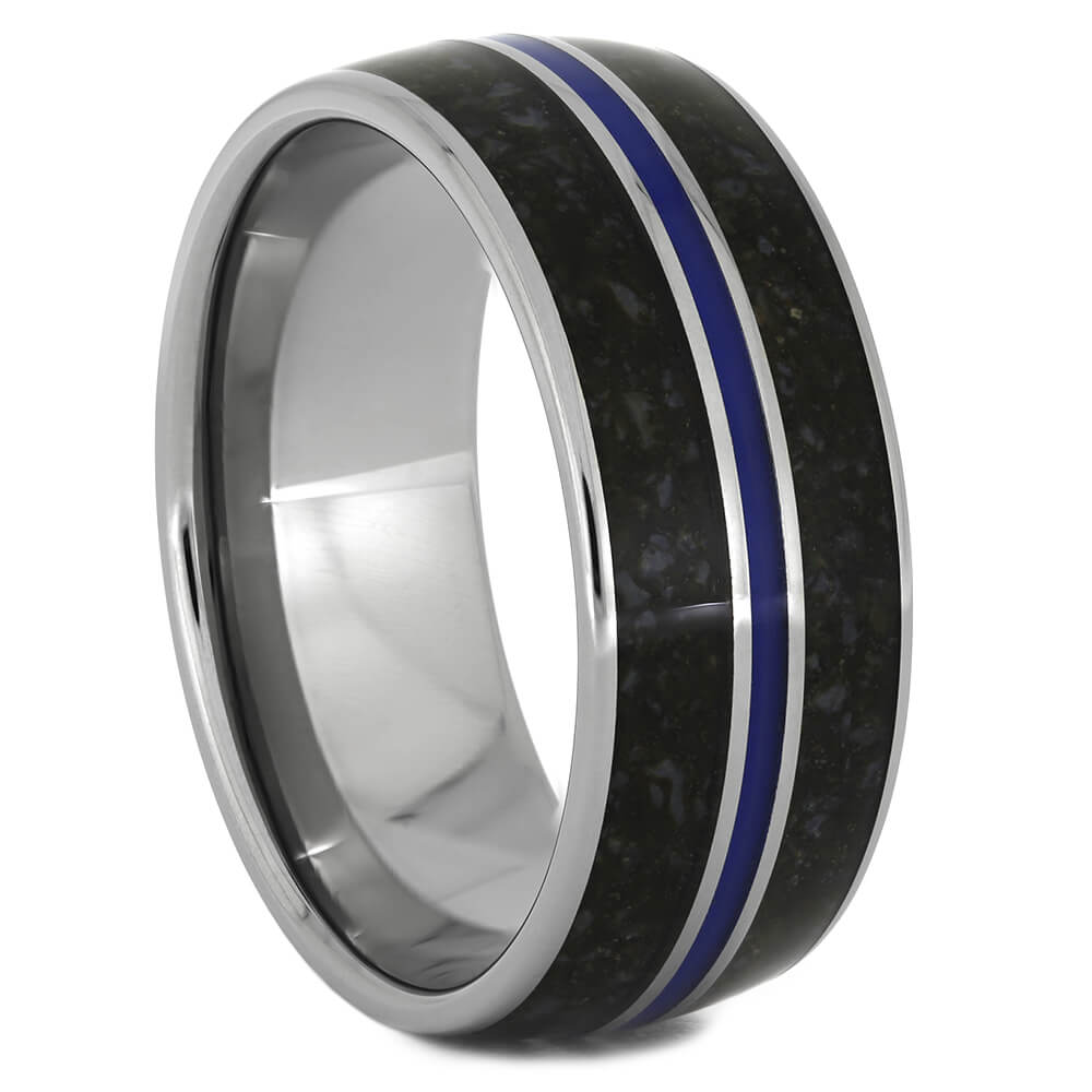 Crushed Dinosaur Bone Wedding Band with Blue Enamel-3600 - Jewelry by Johan